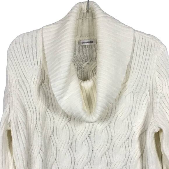 Calvin Klein Ivory Winter White Basket Weave Chain Knit Drape Neck Sweater sz L - Picture 8 of 15
